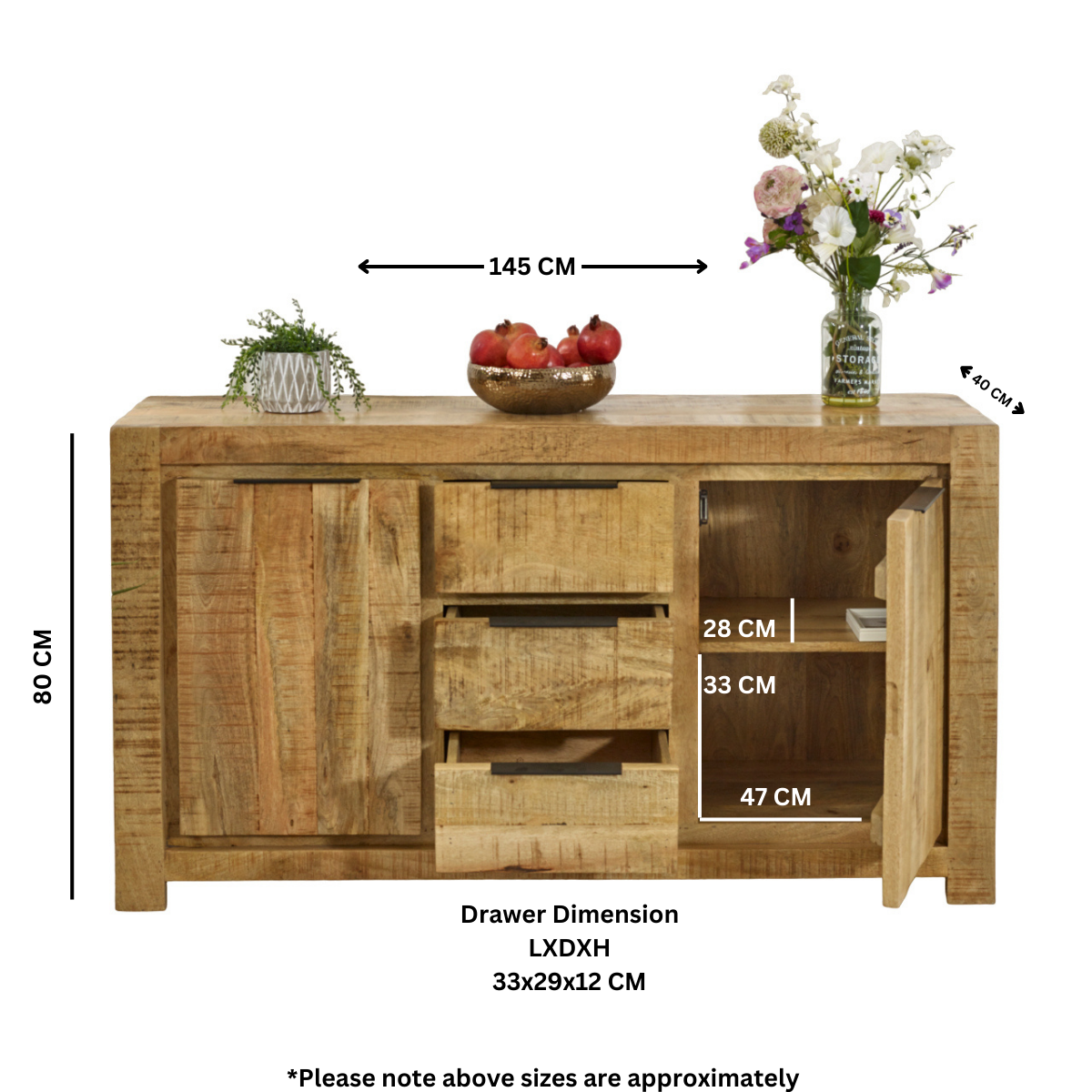 Merlin Mango Wooden Large Sideboard 2 Door & 3 Drawer