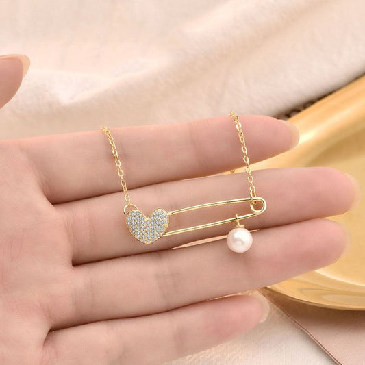Not CZ Heart Clip Natural Pearl Necklace - Gold-Plated Silver Pearl Necklace - Perfect Pearl Necklace with Gift Wrapping Included