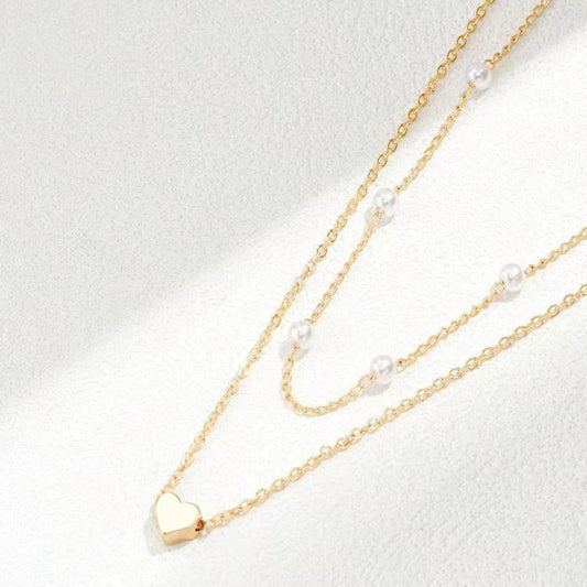 Double Layer Twin Pearl Heart Necklace