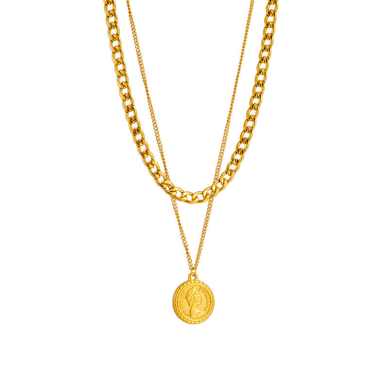 Geometric Portrait Coin Pendant Necklace