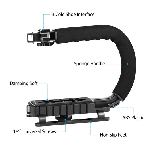 PULUZ U/C Shape 3-Head Cold Shoes Portable Handheld DV Bracket Stabilizer for All SLR Cameras and Home DV Camera, C-Shaped Bracket