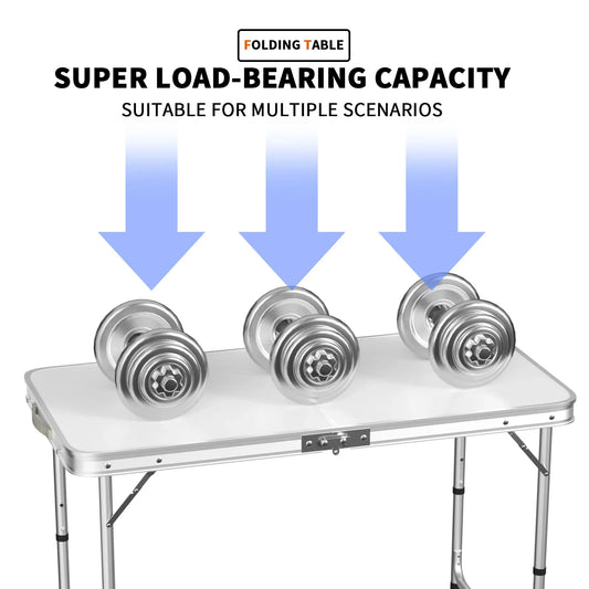 Features: - Folding table with carry handle - Moulded plastic top - includes handy carrying handle - Sturdy aluminum alloy fr
