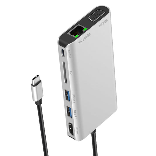 7 in 1 Type-C to RJ45+VGA+Type-C+SD Card Slot+USB3.0 x 2+HDMI Dock Hub Adapter, 7 in 1