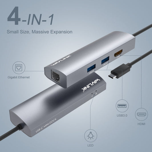 WAVLINK WL-UHP3408 USB HUB Adapter 4-in-1 Type-C to HD + 2xUSB3.0 + Gigabit RJ45 Docking Station, UHP3408
