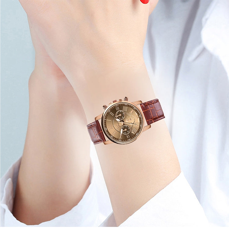 Three-eye Six-needle Belt Quartz Watch for Women / Men, Black, Blue, Brown, White