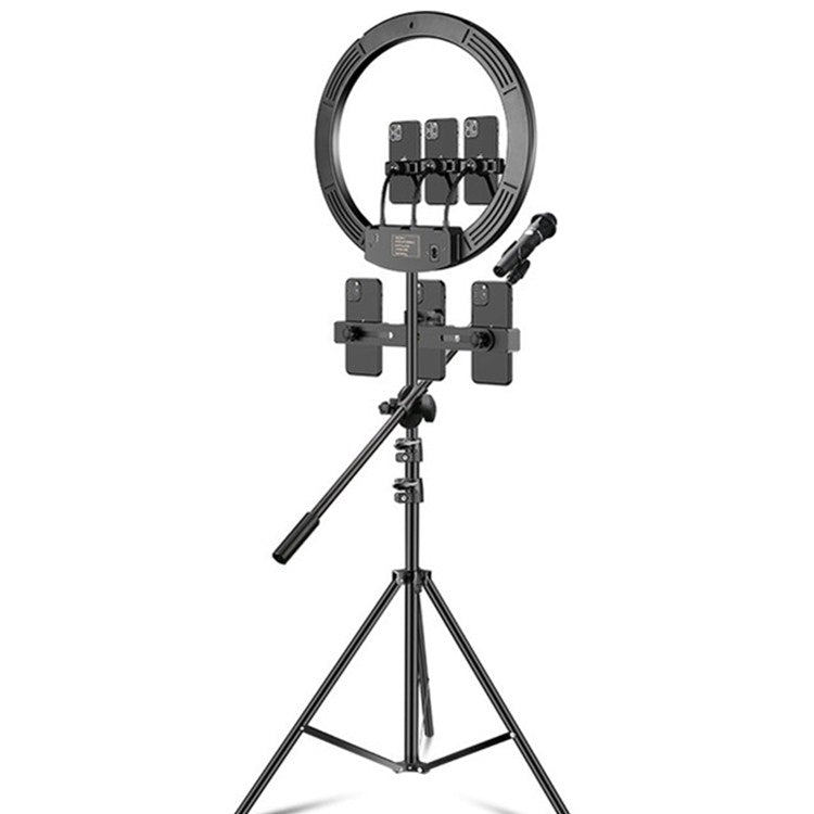 Dimmable Color Temperature LED Ring Fill Light Live Broadcast Set, 14 inch+Phone Clip With 2.1m Tripod Mount, CN Plug, 18 inch+ Phone Clip With 2.1m Tripod Mount, CN Plug, 18 inch+6 Phone Clips+Microphone Pole With 2.1m Tripod Mount, CN Plug