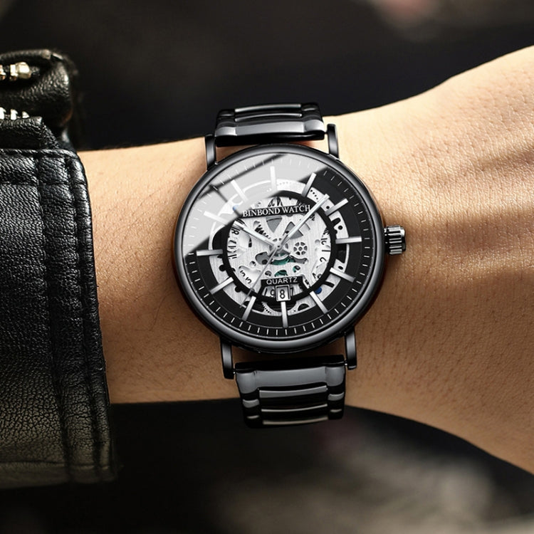 BINBOND B7872 Multifunctional Hollow Luminous Waterproof Quartz Watch, Black Steel-Black-White, Black Leather-Black-Black, Black Leather-White-Black