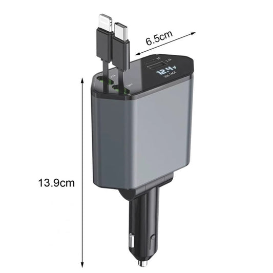 4-In-1 120W Multifunctional USB Retractable Dual-Line Digital Display Car Fast Charger
