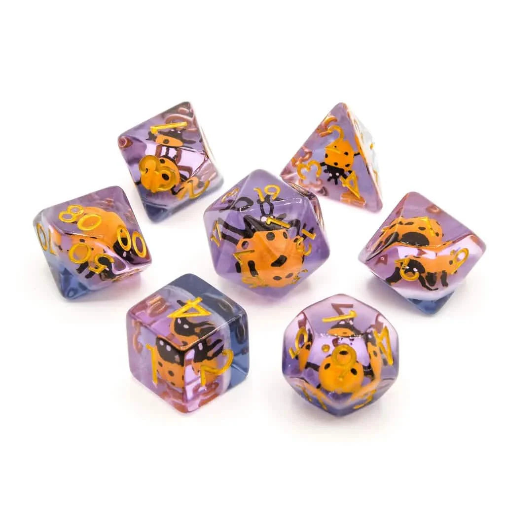 Yellow Ladybugs | Soft Edge Dice | Resin | 7 Piece Set