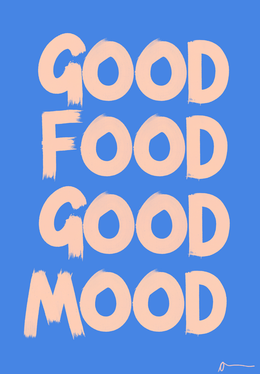 Good Food Good Mood | Blue Kitchen Typographic Food and Drink Print