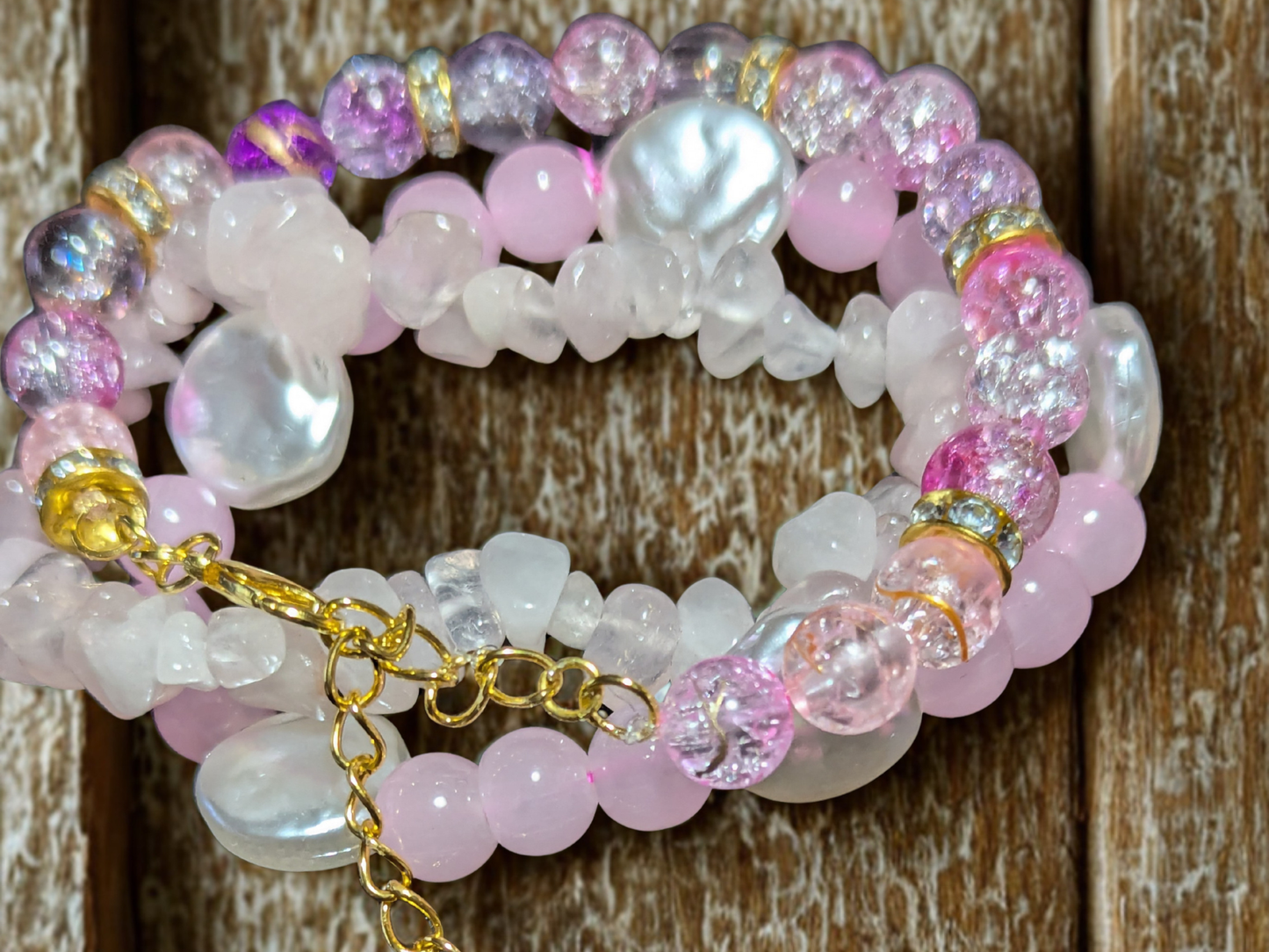 Handmade Pink Beaded Bracelet Stack with Gold-Coloured Charm