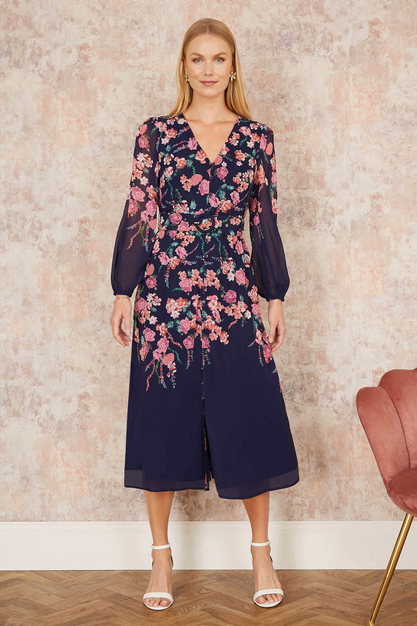 Yumi Navy Button Up Midi Dress With Floral Placement And Long Sleeves