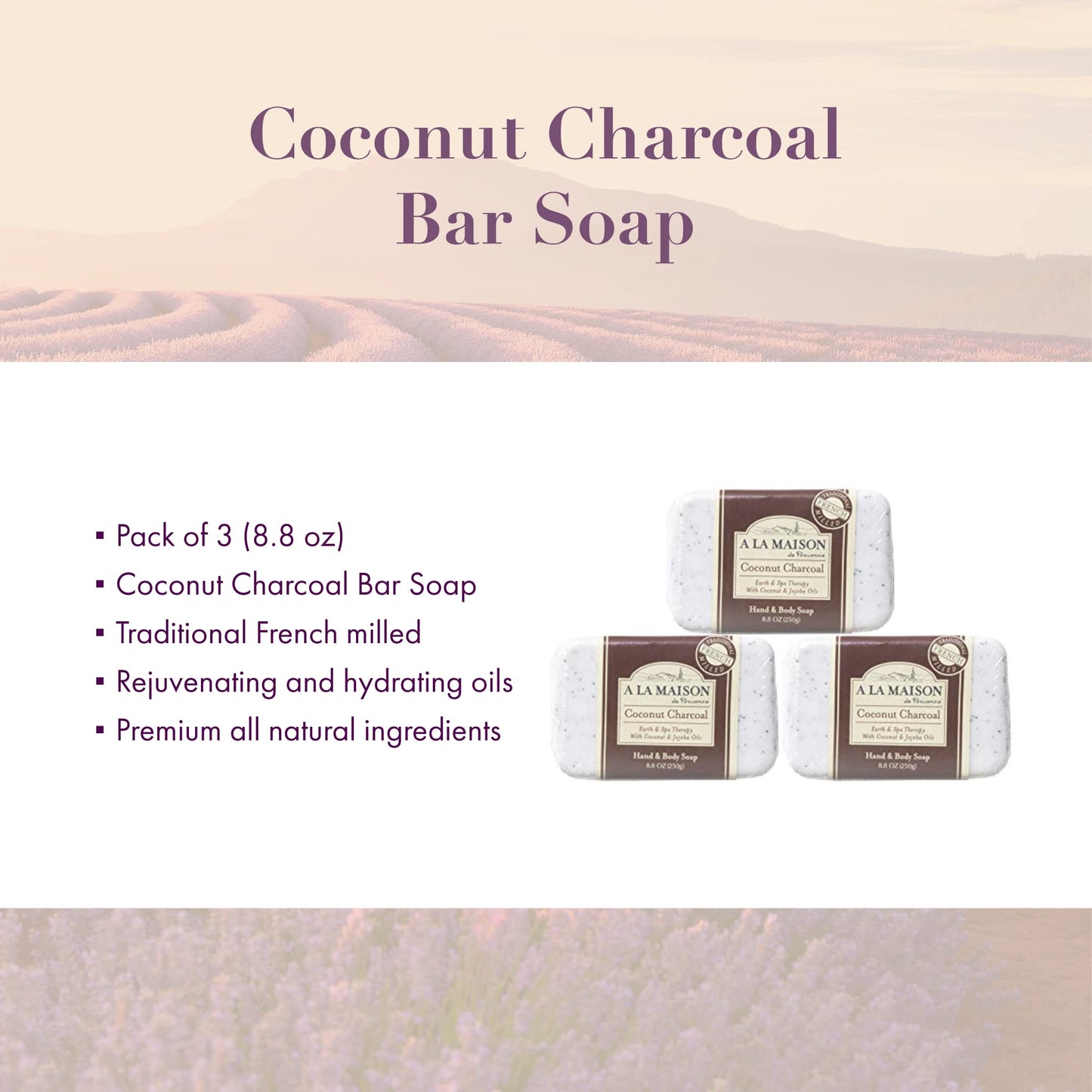 A LA MAISON Coconut Charcoal Bar Soap – Triple Milled, Vegan & Cruelty-Free (3 Bars, 8.8 oz) | Hand & Body