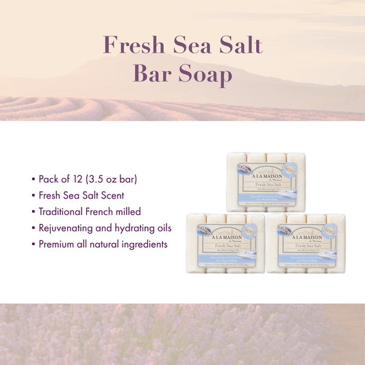 A LA MAISON Fresh Sea Salt Bar Soap – Triple Milled, Vegan & Biodegradable | 12 Bars x 3.5 oz