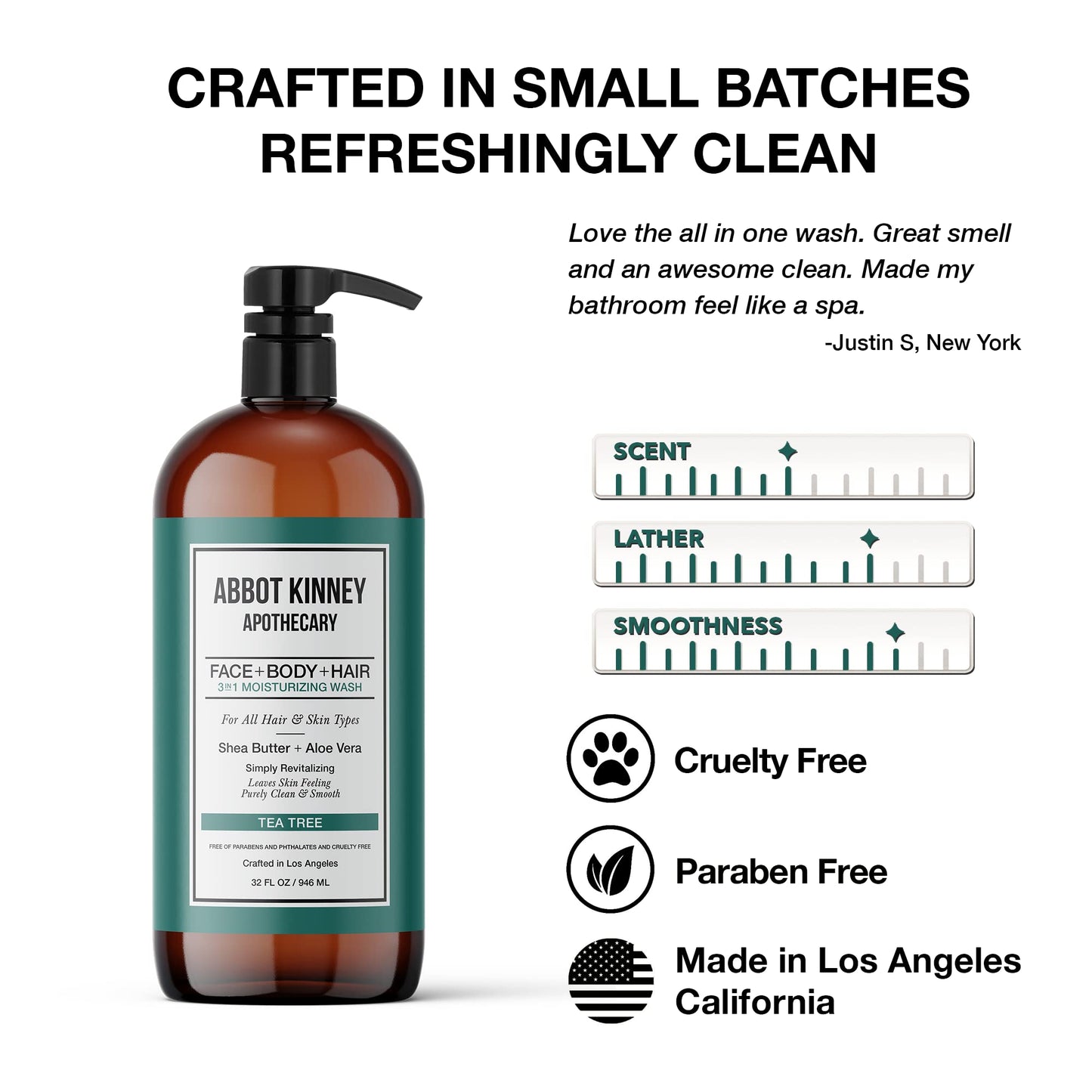 ABBOT KINNEY APOTHECARY Men's 3-in-1 Tea Tree Wash – 32oz, 3 Pack