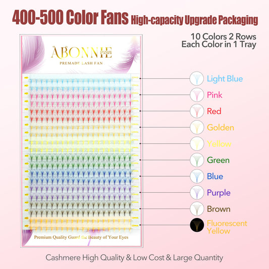 ABONNIE Colored Premade Lash Fans – 400 Pcs Mix Color, 6D 0.07-C 13mm, C Curl