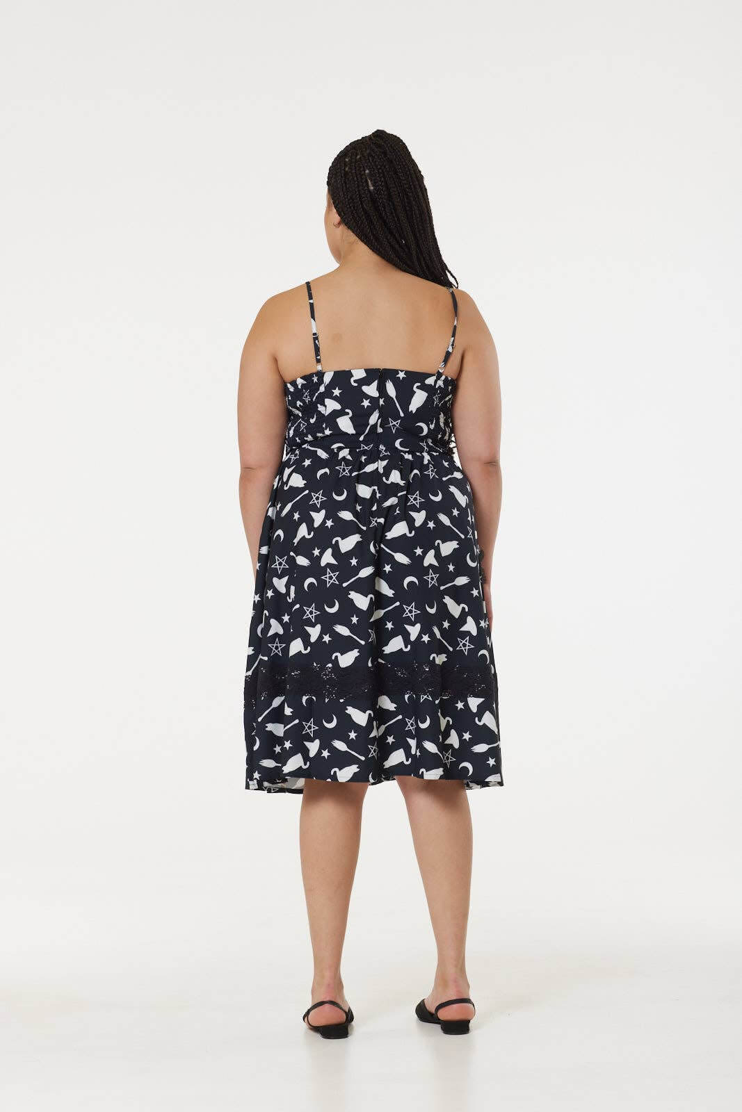 Alternative Midi Fit&Flare Witch Print Dress with Lace hem