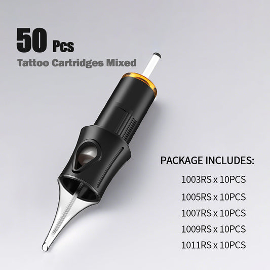Ackbun 50Pcs #10RS Tattoo Cartridge Needles – Pre-Sterilized, Durable, Compatible with Most Rotary Machines