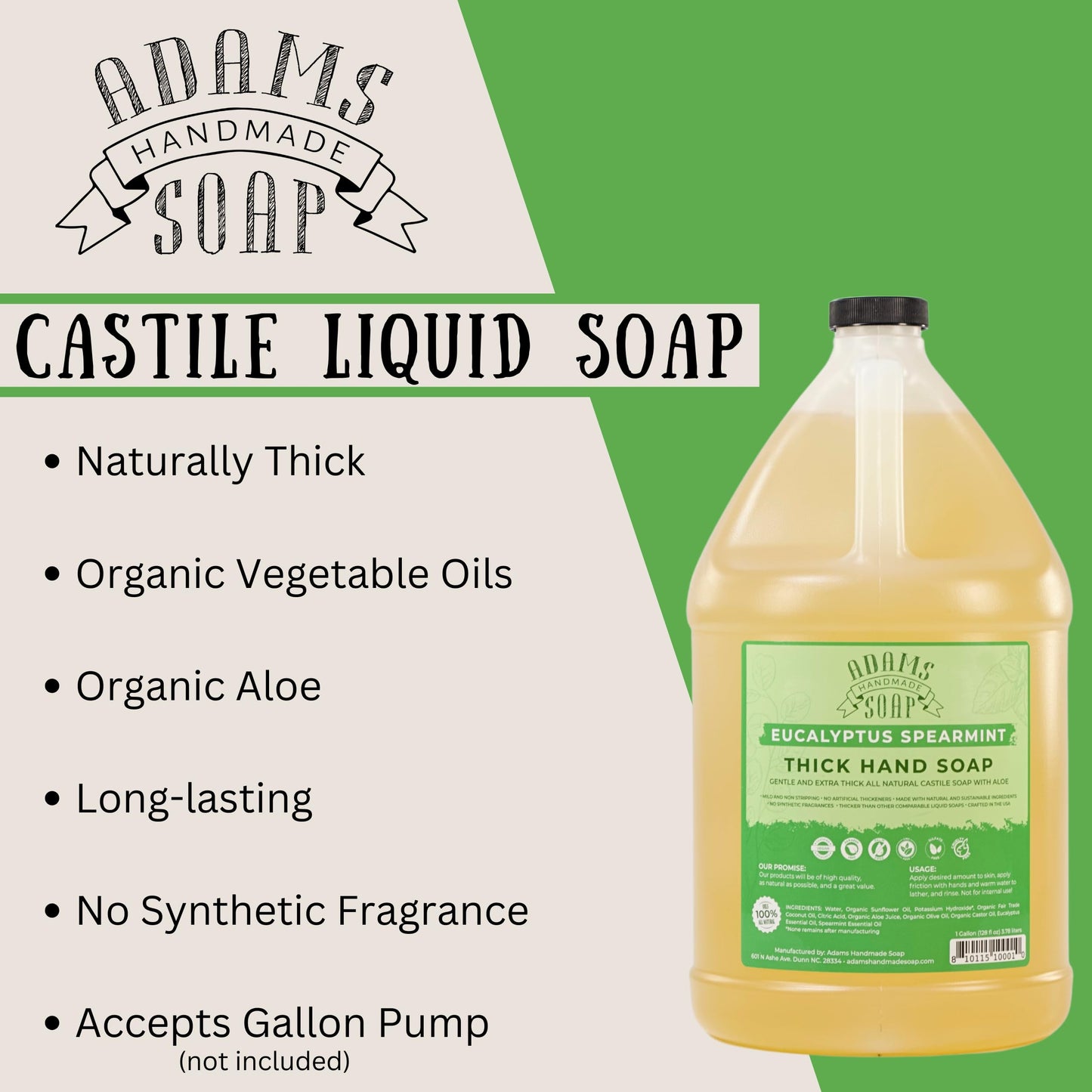 Adams Handmade Soap Liquid Castile Hand Soap, Thick & Mild – Eucalyptus Spearmint, 1 Gallon