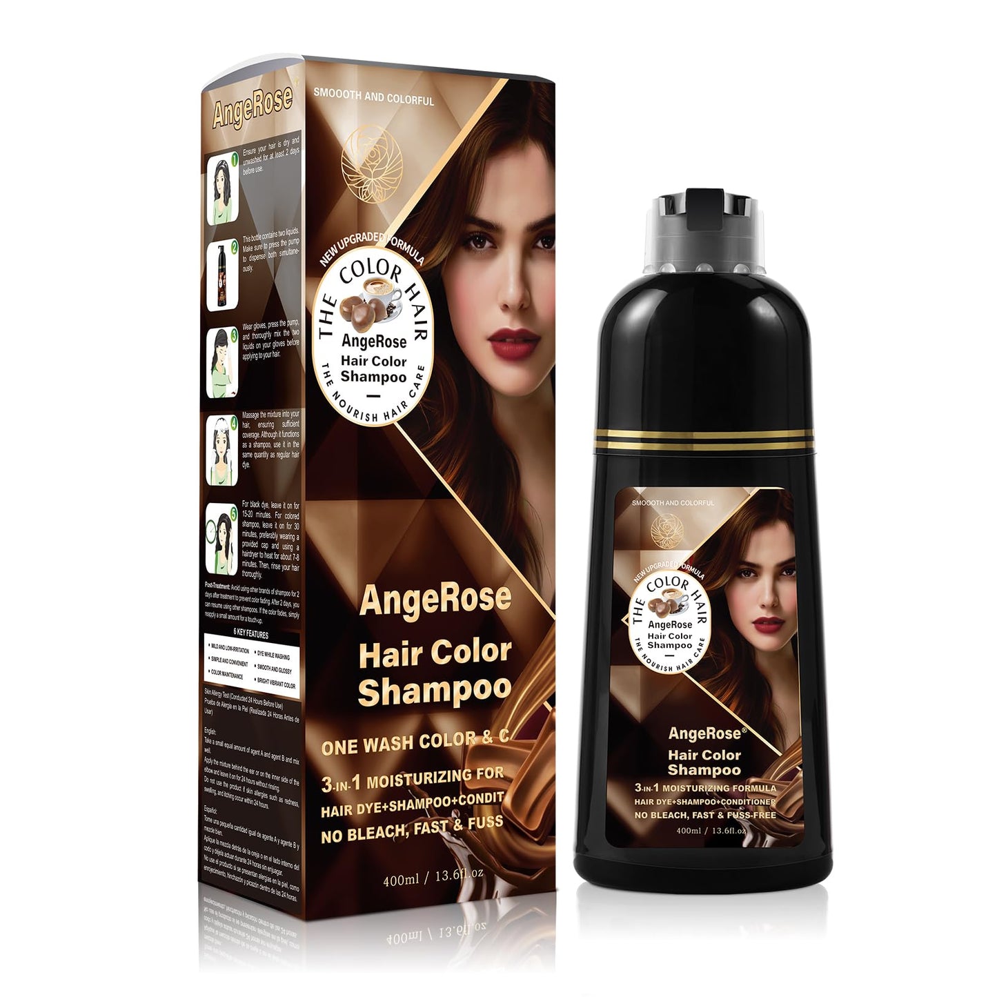 AngeRose Chestnut Brown Hair Dye Shampoo 3-in-1 — Natural Gray Coverage, 400 ml