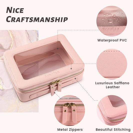 Aveniee Clear Makeup Bag Organizer - Large Pink Travel Toiletry Case, Waterproof PU Leather