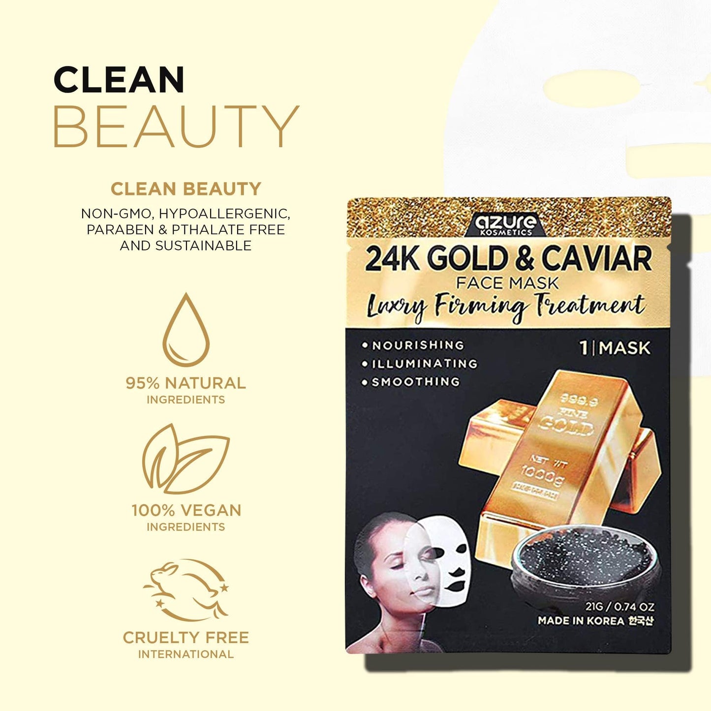 Azure Cosmetics 24K Gold & Caviar Anti-Aging Luxury Face Mask – Hydrating & Firming (Pack of 5)