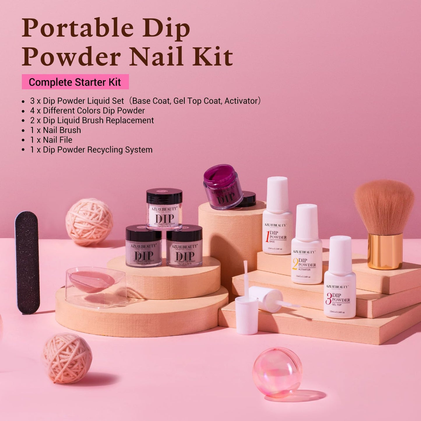 AZUREBEAUTY Dip Powder Nail Kit Starter – 4 Colors + Base/Top Coat, No Lamp, Beginner Friendly