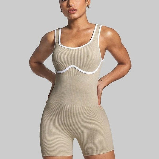 Elastic Contrast Color Yoga Jumpsuit – Seamless Tight-Fit Activewear for Women