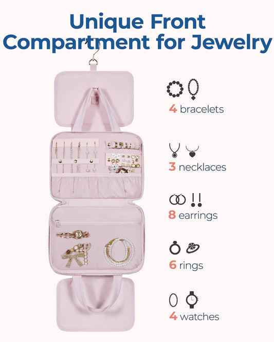 BAGSMART Travel Toiletry Bag with Jewelry Organizer – Puffy Hanging Cosmetic Bag, Carry-On Essentials, Pink-L