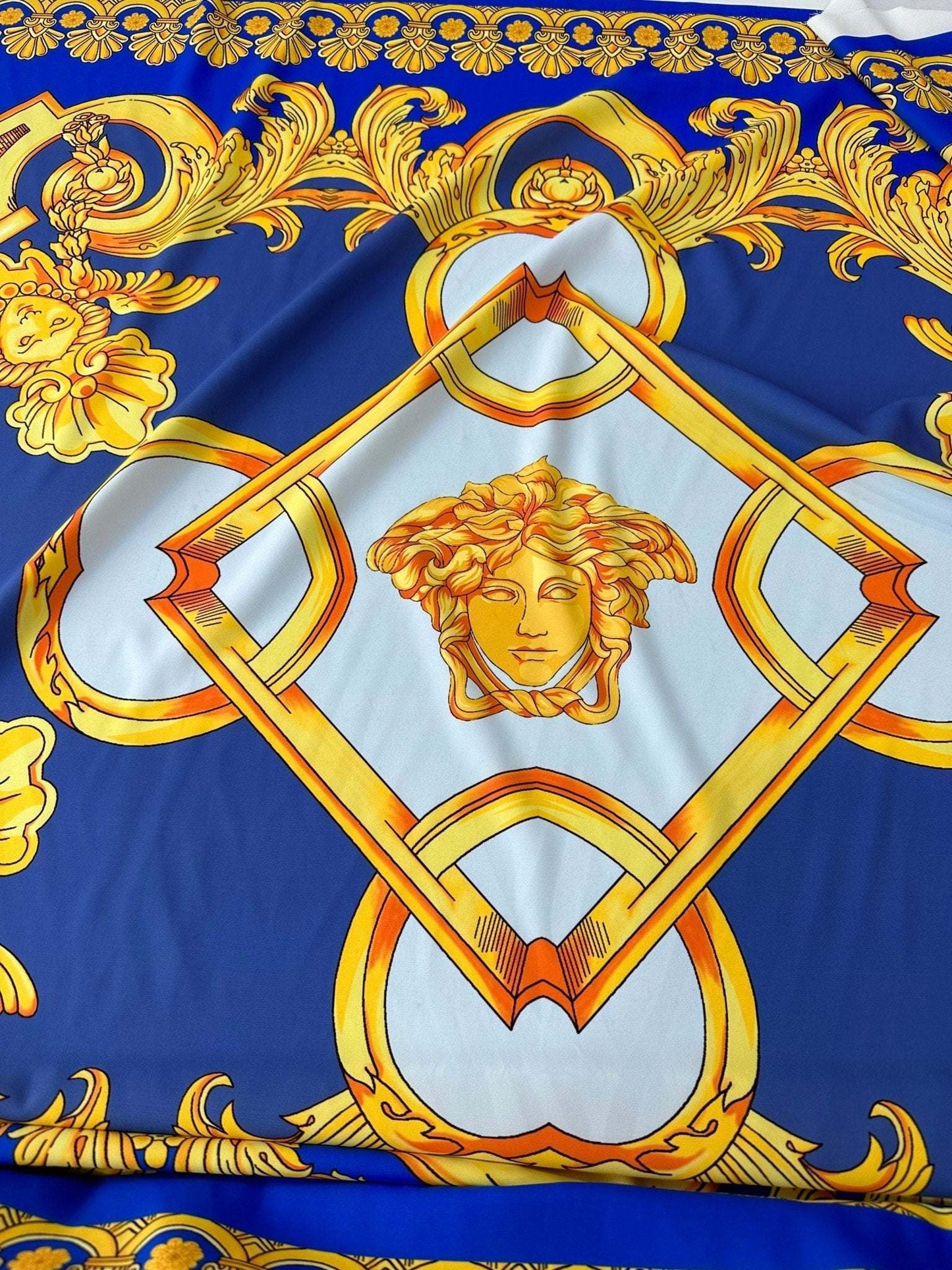 Baroque Gold Pattern Fabric on Royal Blue Background Fabric by Metre