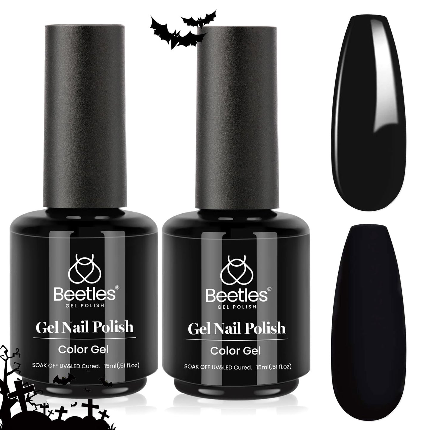 Beetles Black Gel Polish 2-Pack — 15ml Each | Pure Black Soak-Off UV Nail Polish, Long Nights Collection