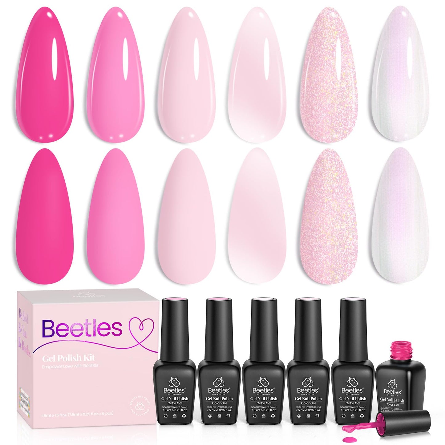 Beetles Pink Gel Nail Polish Set – Blush Cotton, 6 Shades, Soak-Off UV/LED
