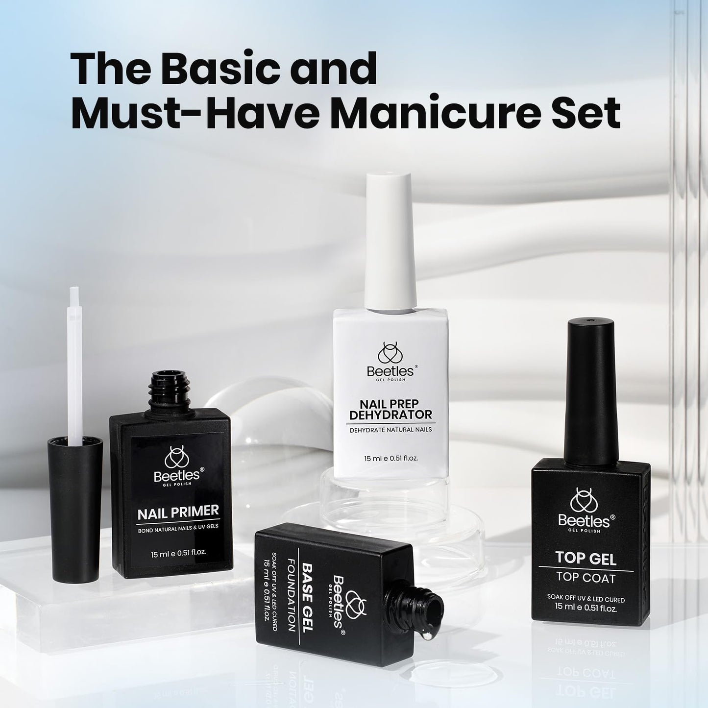 Beetles Gel Polish 4-Piece Base Coat, Top Coat, Dehydrator & Primer Set – Acid-Free & HEMA-Free Bond