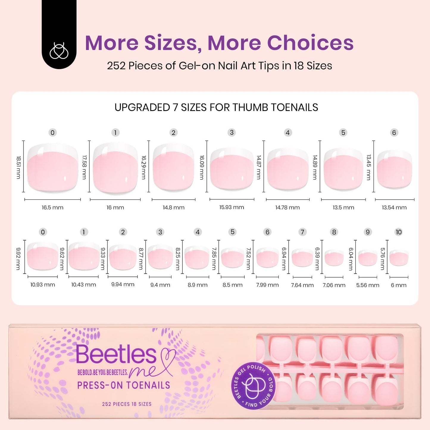Beetles X Press Plus French Tip Toenails – Ivory French, Pink Short Square Press-On Toe Nails (252 Pcs, 18 Sizes) – Salon-Quality Gel Tips