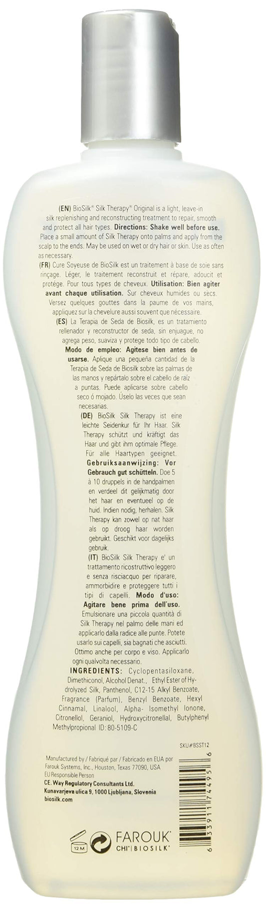 BioSilk Silk Therapy Original Cure – Reconstructing Leave-In Treatment for Shine & Split Ends | Sulfate- & Paraben-Free, Cruelty-Free, 12 oz