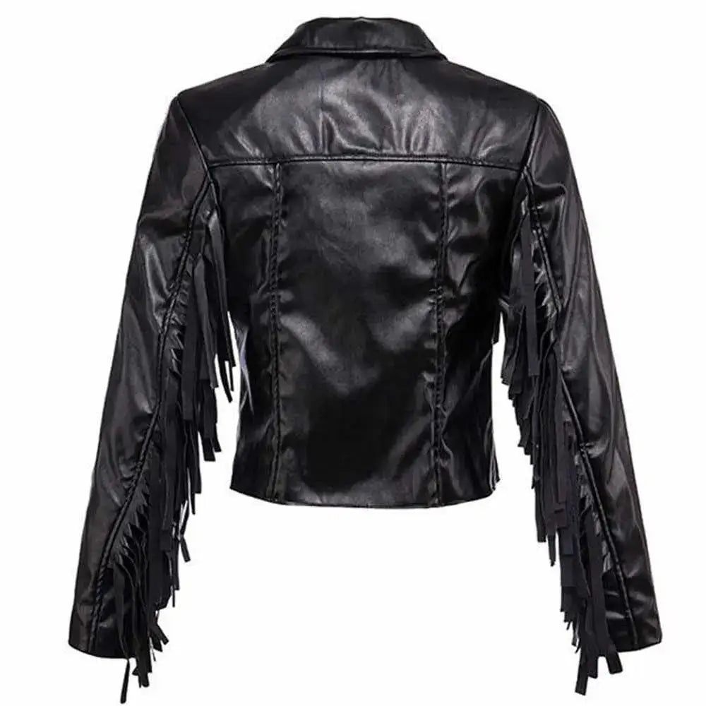 Women's Black Fringe Leather Bomber Jacket