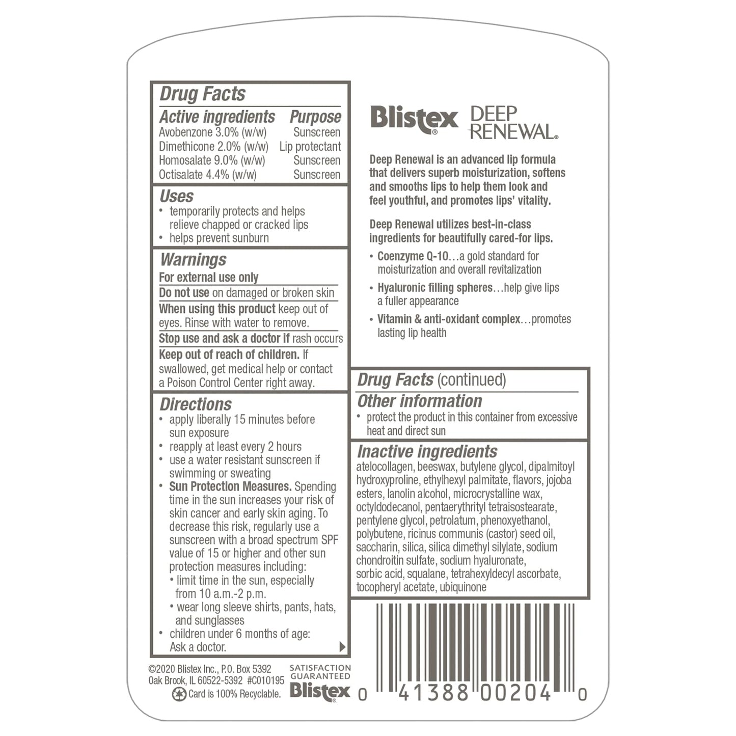 Blistex Deep Renewal Lip Protectant Sunscreen Balm – SPF 15, CoQ-10 & Hyaluronic Spheres, 0.13 oz (3.69 g) Value Pack of 5