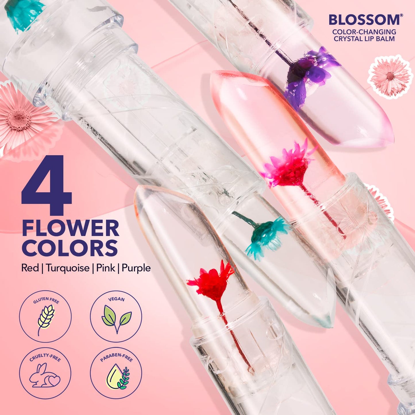 Blossom pH Color-Changing Lip Balm 2-Pack – Red & Blush, Strawberry Scent, Real Flower Infused