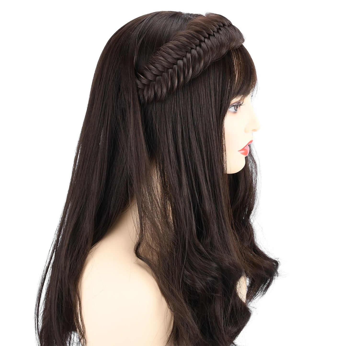 BOBIYA Wide Fishtail Headband for Women – Chocolate Synthetic Plaited Braids with Elastic Stretch