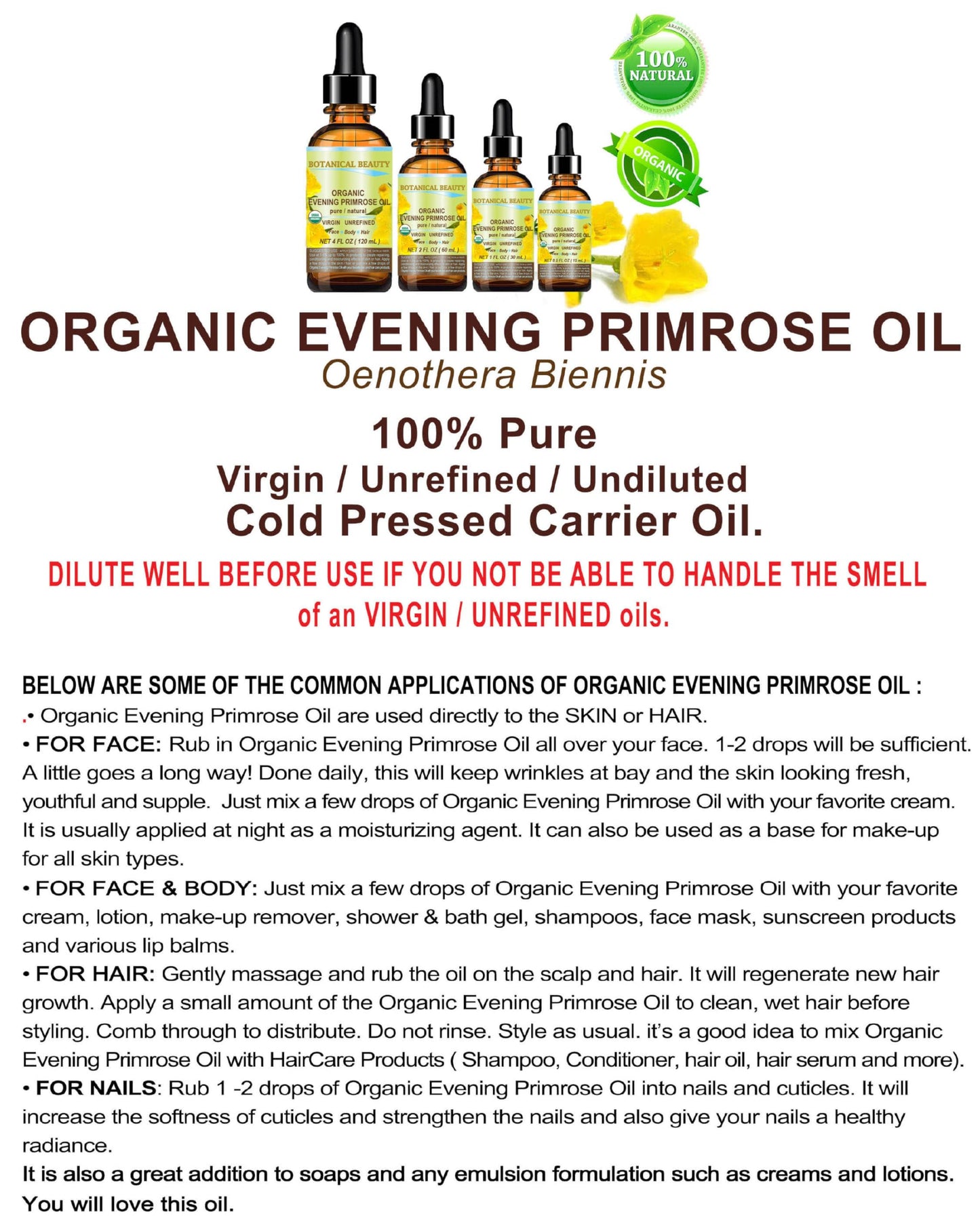Botanical Beauty Evening Primrose Oil – 100% Pure Organic Cold-Pressed Carrier Oil 0.5 oz