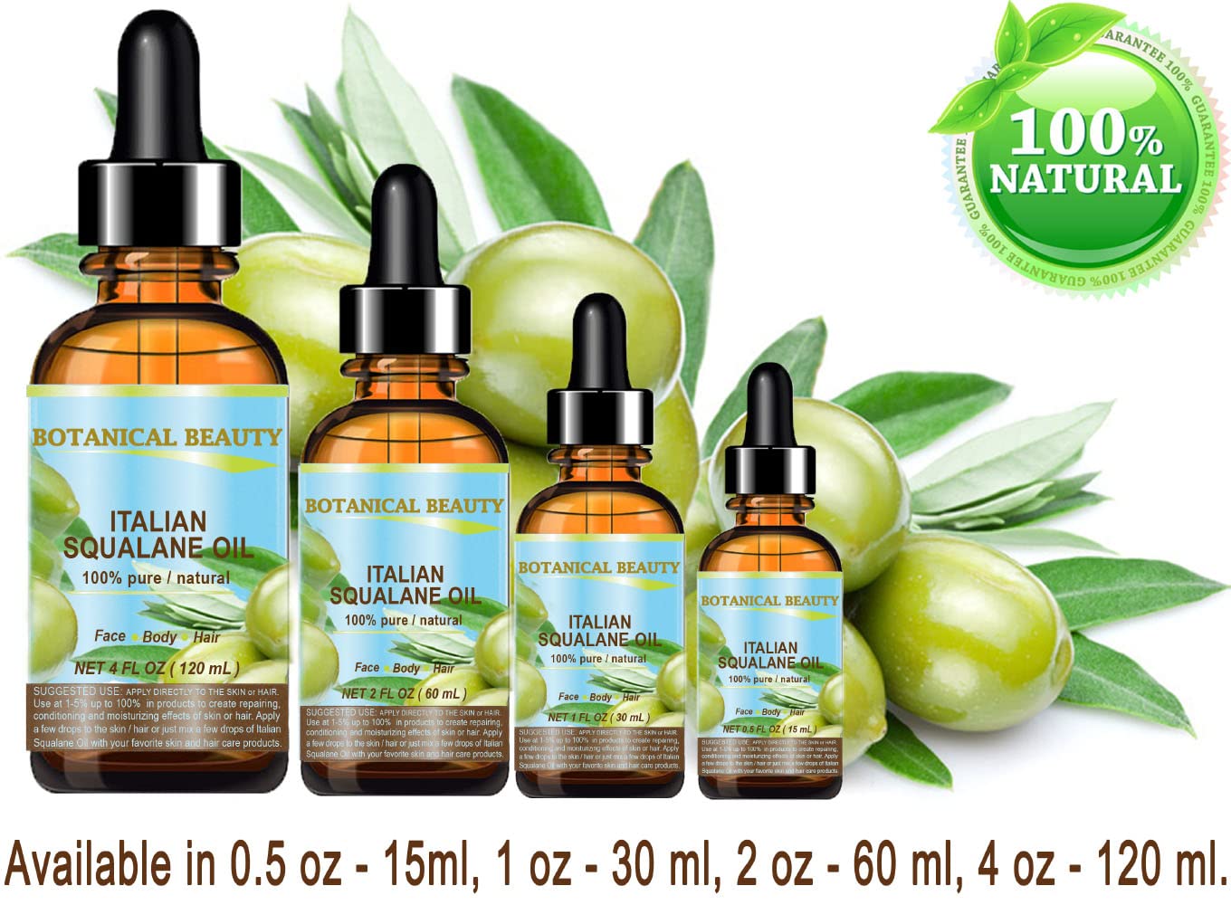 Botanical Beauty Squalane Italian Olive Oil — 100% Pure, Ultra-Pure Moisturizer (1 Fl Oz)