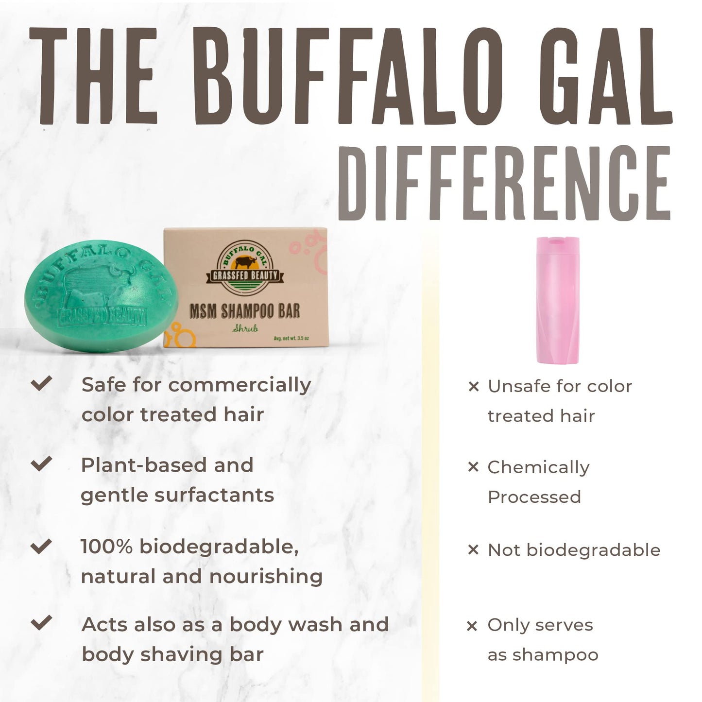 BUFFALO GAL MSM Shampoo Bar – Non-Soap, pH-Balanced, All Hair Types, 4 oz