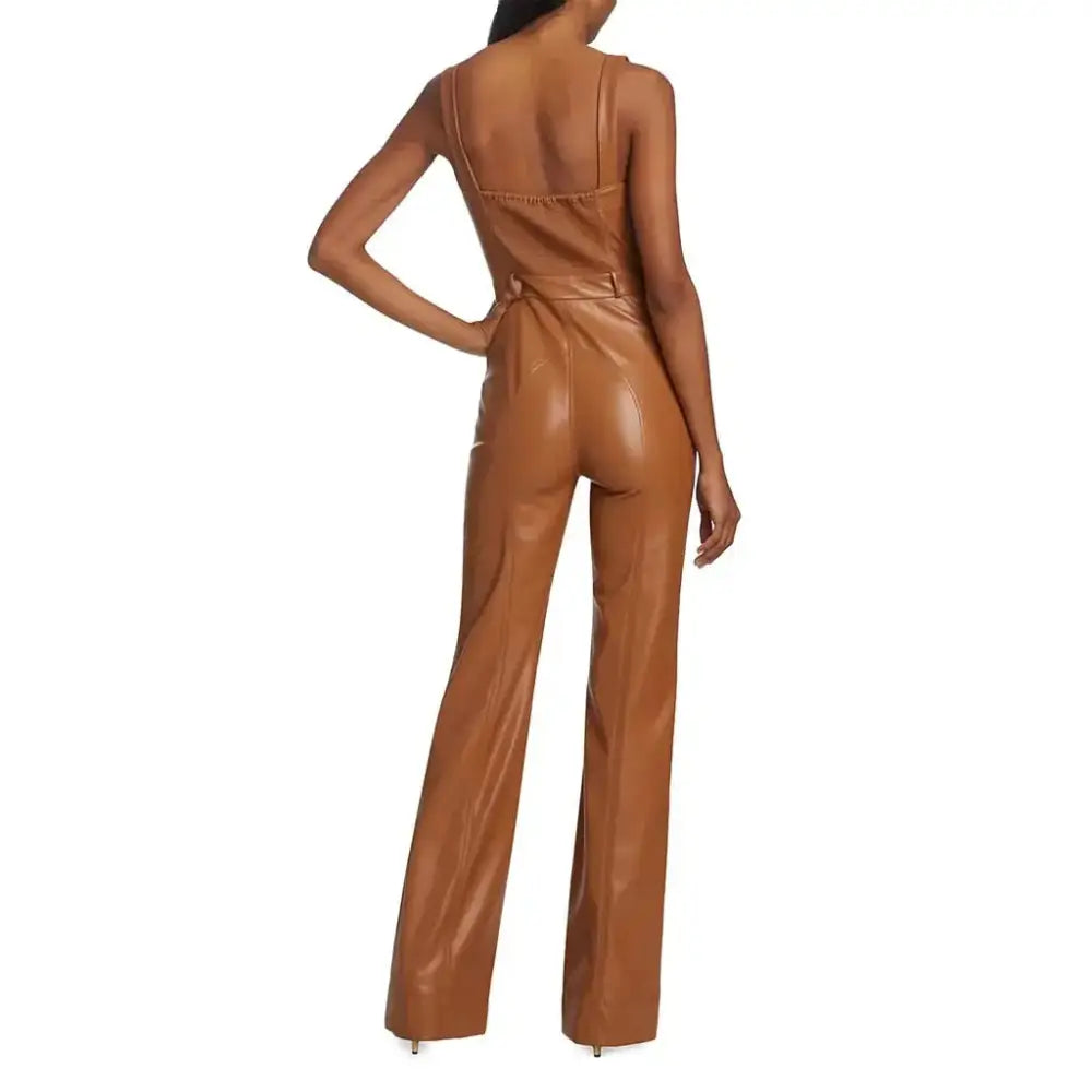 Women’s Camel Brown Buttoned Front Vegan Leather Jumpsuit