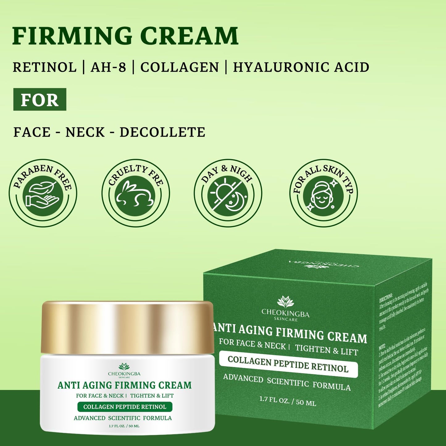 CHEOKINGBA Tighten and Lift Neck Cream – Retinol, AH-8 Peptides, Collagen + Hyaluronic Acid, 1.7 oz