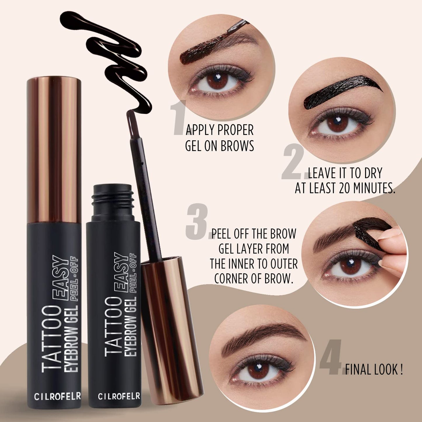 Cilrofelr Tattoo Peel Off Eyebrow Gel — 3-Day Tint, Waterproof & Transfer-Proof, Gray Black (2 Pack)