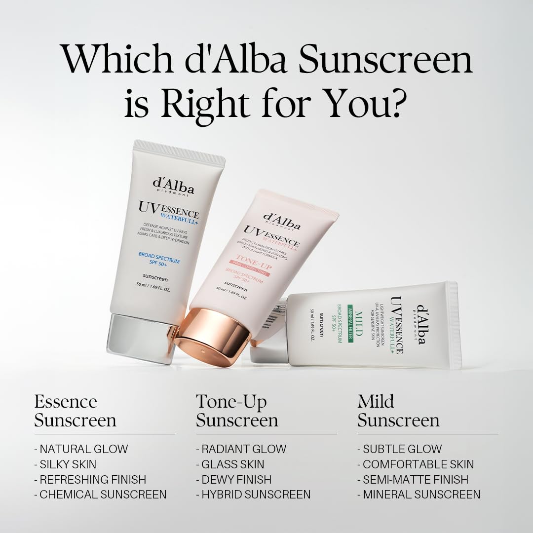 d'alba Piedmont Waterfull Essence Sunscreen SPF 50+ – Vegan, Lightweight, Glowy Finish