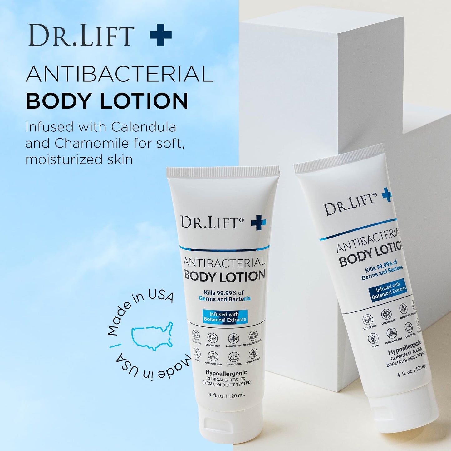 DR. LIFT Antibacterial Body Lotion – Hypoallergenic, Vitamin C & E, Calendula & Chamomile, 4 oz