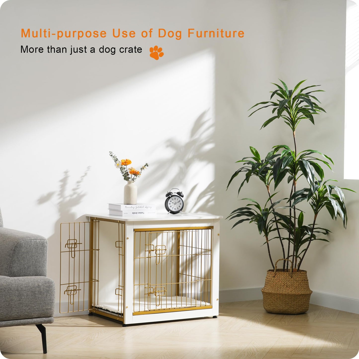Dwanton Dog Crate Furniture with Cushion — White Wooden Kennel Table, Double Doors, 27.2-inch L