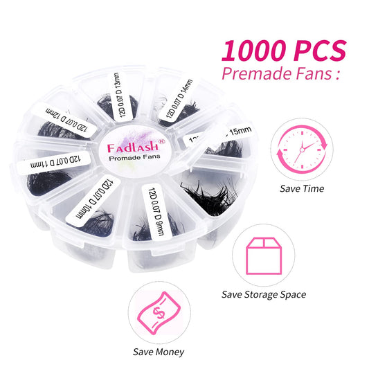FADLASH 1000ct Premade Lash Fans – D Curl 12D-0.07D, 9–16mm | Budget-Friendly Volume Lashes