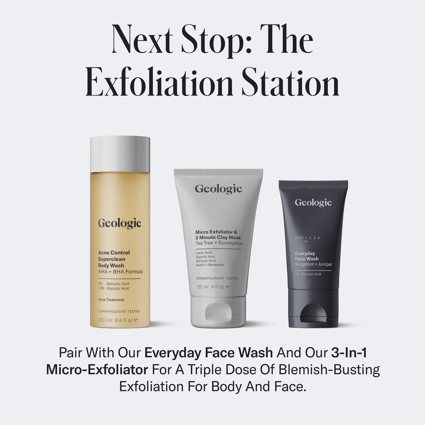 Geologie Acne Control Body Wash | Exfoliating AHA + BHA Cleanser for Back